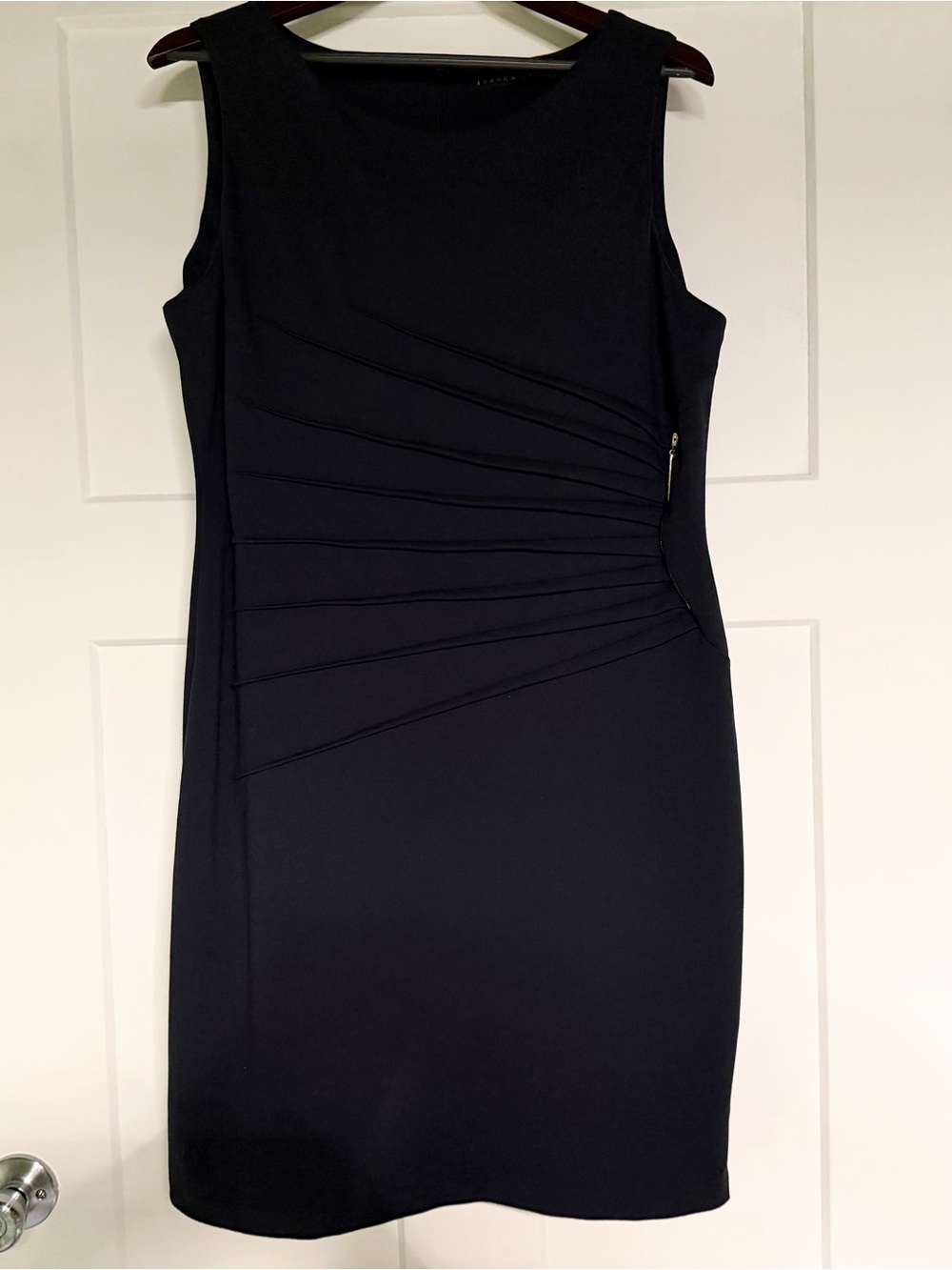 Ivanka Trump Navy Sleeveless Sheath Dress with Side Pleats & Gold Zipper Detail